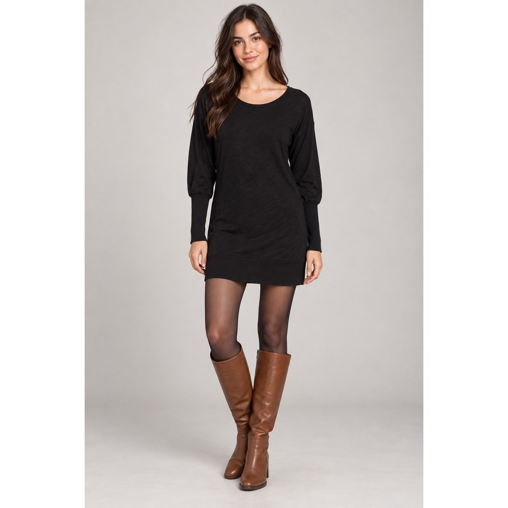 Mododoc Black Slub Knit Long Sleeve Tunic Dress Minimalist Old Money Small NWT